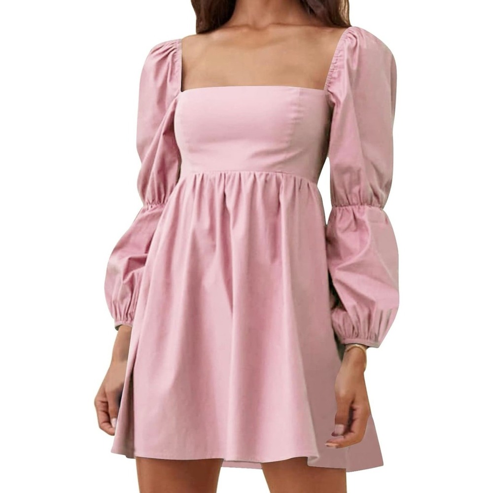 EXLURA Womens Square Neck Dress‎ Long Puff Sleeve A-Line Casual Short Mini Dress